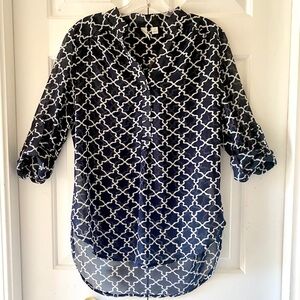 Tacera Navy White Sheer Blouse Military Sleeves S